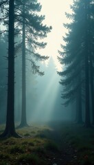 Obraz premium Dense pine forest veiled in ethereal morning fog , scenic view, scenic, wilderness
