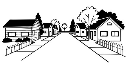 A black and white illustration of a suburban street with houses and trees in a linear perspective view created with generated ai