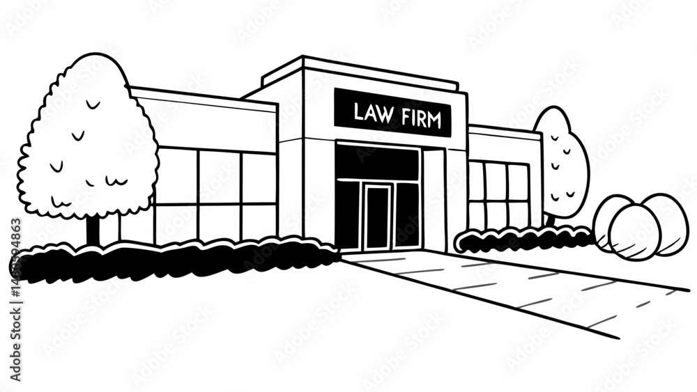Poster illustration of a law firm building with trees and a walkway in a black and white drawing style crea