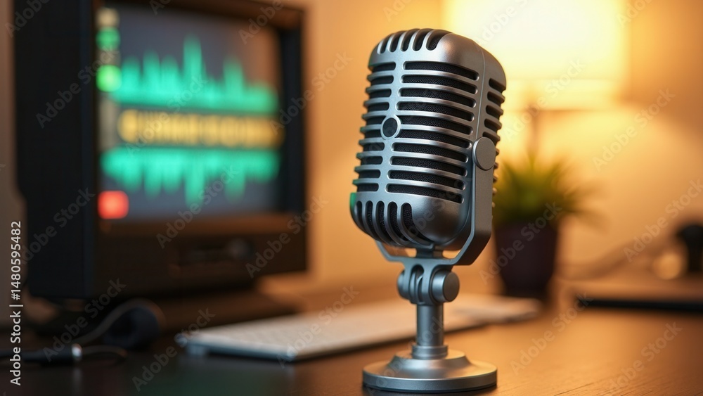 Poster microphone sits on a desk next to a computer monitor. the microphone is silver and has a black cord 