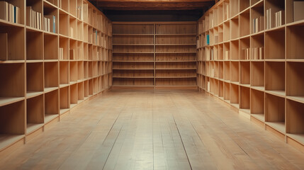 Wooden library interior with empty shelves and soft lighting