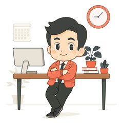 A boss is posing in front of his desk in an office in a chibi cartoon style