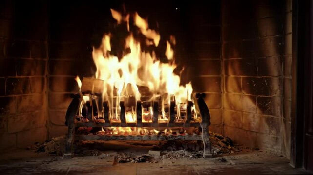 Cozy Fireplace With Burning Flames And Brick Surround Interior