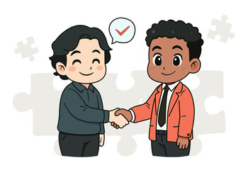 An Asian man and an African man shaking hands because they agree on business in a cute cartoon style