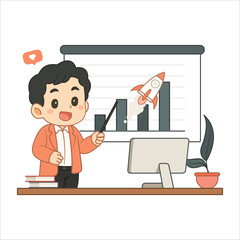 a man is giving a presentation about business growth in a cute cartoon style