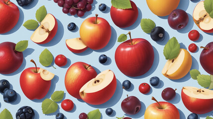Three fresh apples with blueberries and symbolic vitamin icons including A, B6, D, and calcium, suggesting health and nutrition in a clean layout.