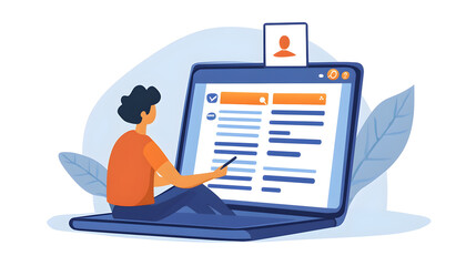 Person using a large laptop with a profile icon and list of items on the screen illustration