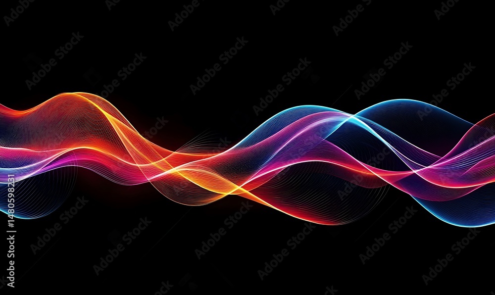Poster abstract wave lines pattern dynamic colorful light flowing isolated on black background. concept of 