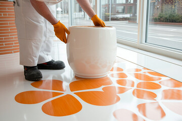Laminate flooring installation process in a modern indoor space with bright decorative accents