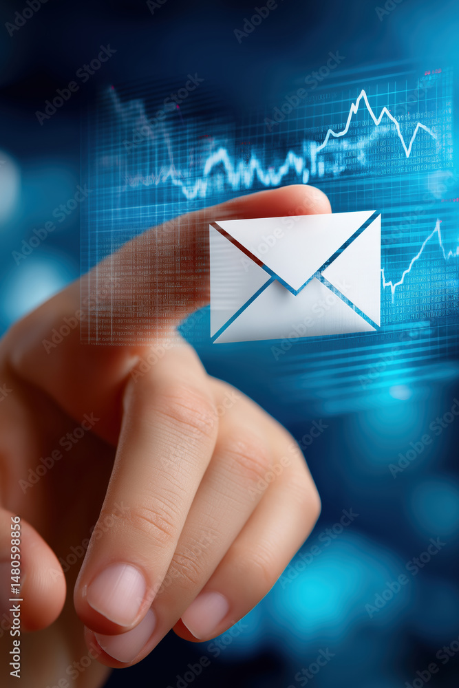 Poster hand pointing at a digital envelope in a futuristic technology background