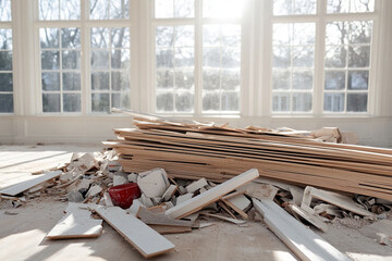 Construction debris fills a gutted room as renovations progress on a bright day