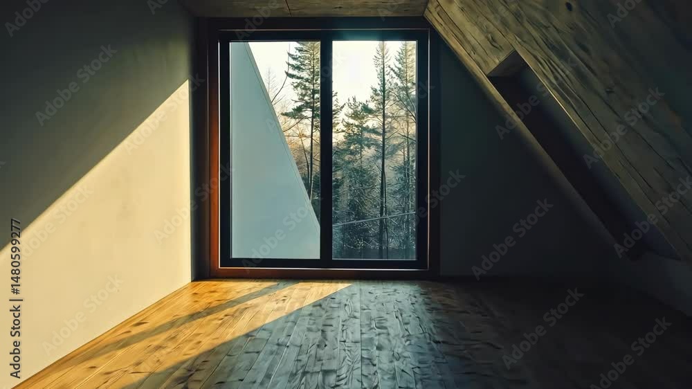 Poster modern interior room features window view of forest and soft natural light with unique architecture