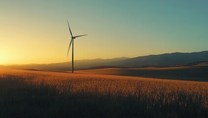 Sunset Wind Turbine Wheat Field.
