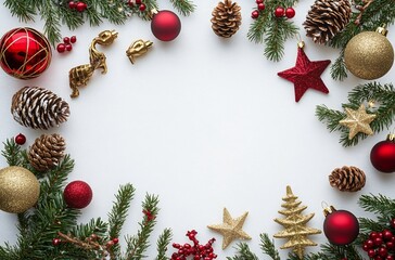Christmas Frame Mockup with Festive Red, Gold, and Green Decorations Flat Lay on White Background,Perfect for Xmas 2019 Campaigns