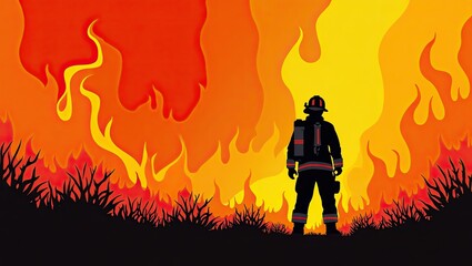 illustration featuring a silhouette of a firefighter in full gear, including a helmet and oxygen tank, standing amidst a vibrant, fiery background.