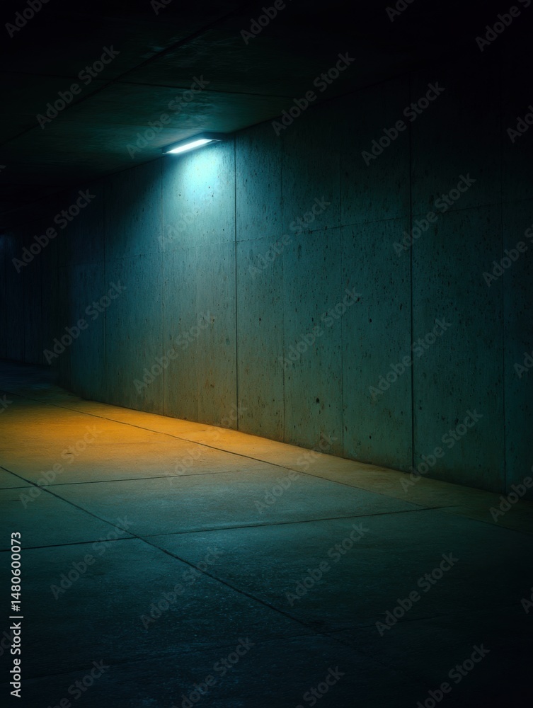 Poster concrete tunnel perspective with fluorescent light illuminating the wall and floor creating a moody 