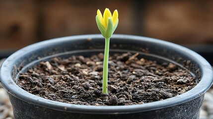 Tiny yellow flower sprout in pot