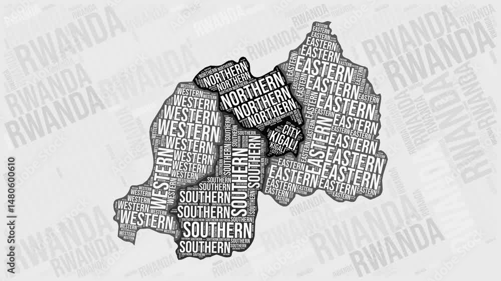 Poster rwanda animation. visual effect of rwanda regions appearing in black and white word clouds style. co