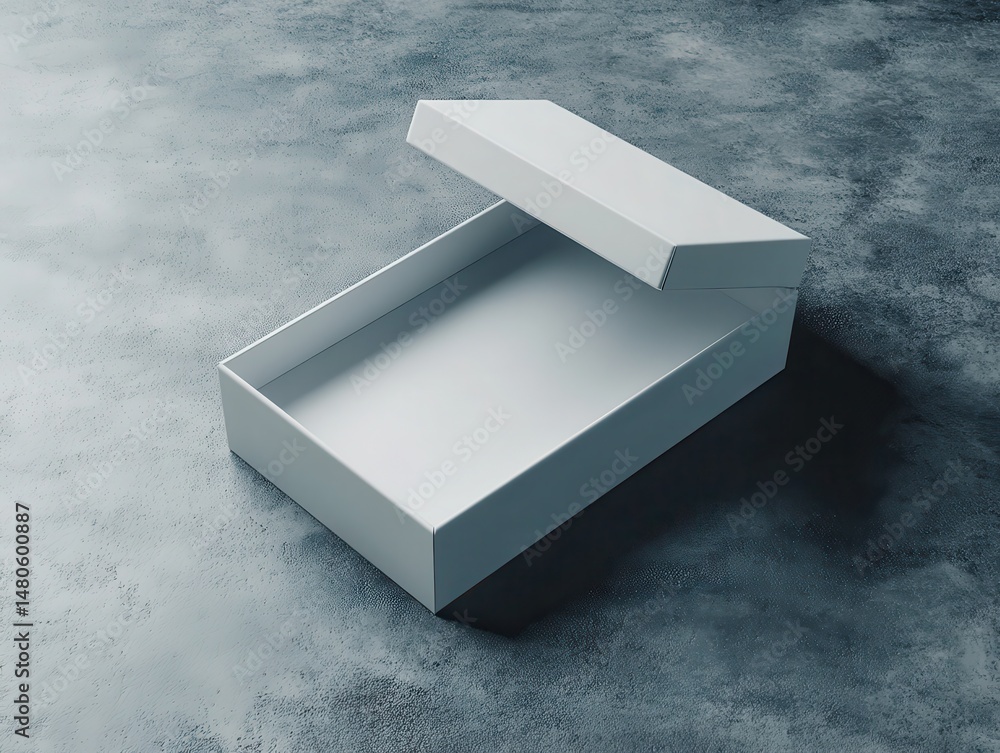 Poster partially opened plain white rectangular box on a textured surface