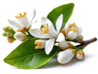 Fototapeta premium Close-up of Orange Blossoms on Branch with Buds and Green Leaves Isolated on White Background Studio Shot