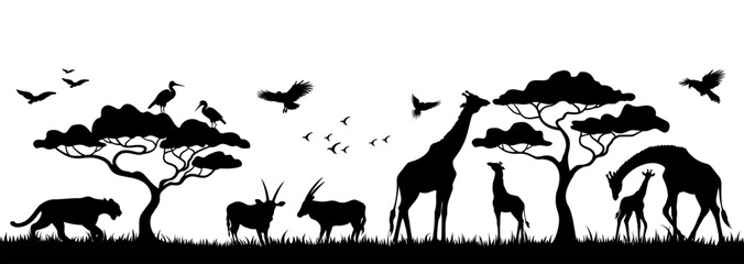 Silhouette of animals and birds in the savannah. African landscape scene. Vector horizontal seamless tropical background with lions, giraffes, antelopes and flying birds. Black isolated silhouette