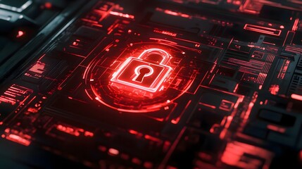 Obraz premium Digital security concept glowing red padlock on circuit board background