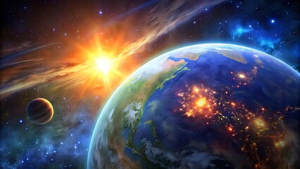 Obraz premium Majestic Earth radiant sun cosmic dance vibrant nebula distant planet stellar scene breathtaking