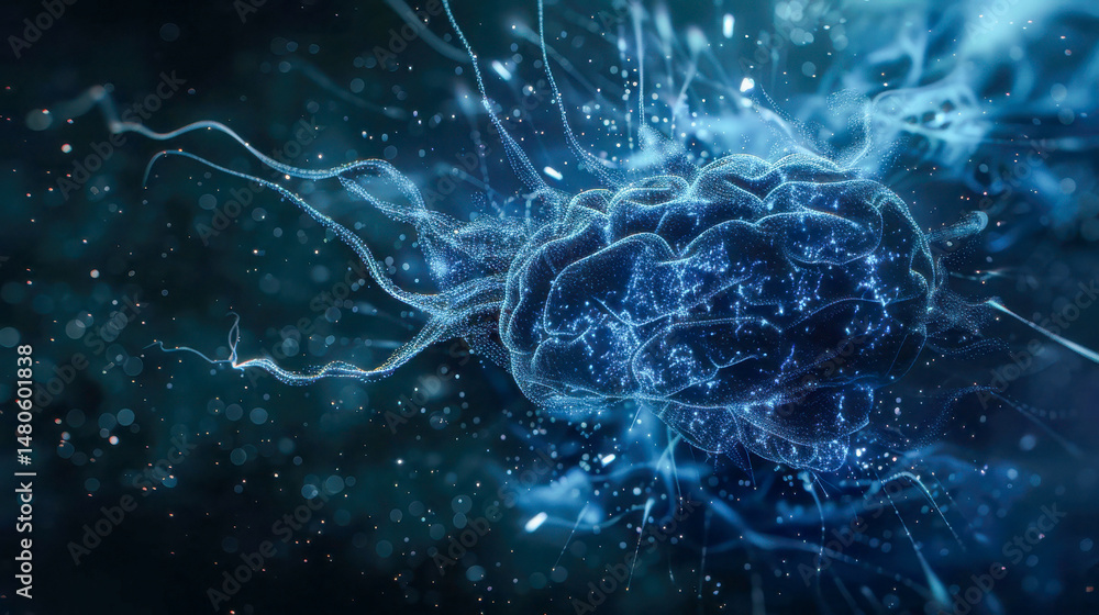 Poster futuristic concept image of a glowing blue digital brain connected by dynamic, flowing neural strand