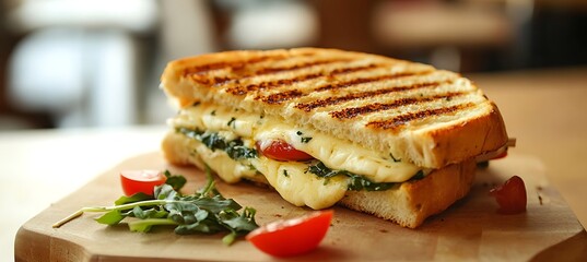 A perfectly grilled panini sandwich with melted provolone cheese