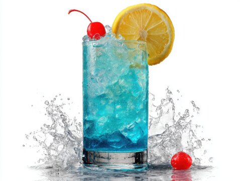Blue lagoon cocktail splash close-up studio shot on white background with lemon slice and cherry garnish refreshing drink - Powered by Adobe