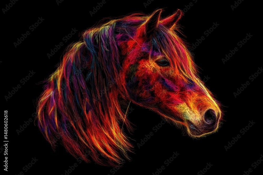 Poster a horse with a distinctive red mane and tail is displayed on a black background