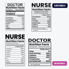 Doctor Nutrition Facts Label design template for food content. Nurse Nutrition facts template, Supplement facts template , Vitamin facts ,Label Design Food information with daily value. Vector serving
