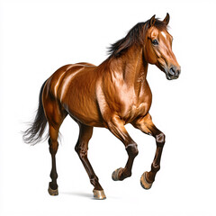 Obraz premium A beautiful chestnut horse with a white blaze is galloping gracefully on a stark white background studio shot.