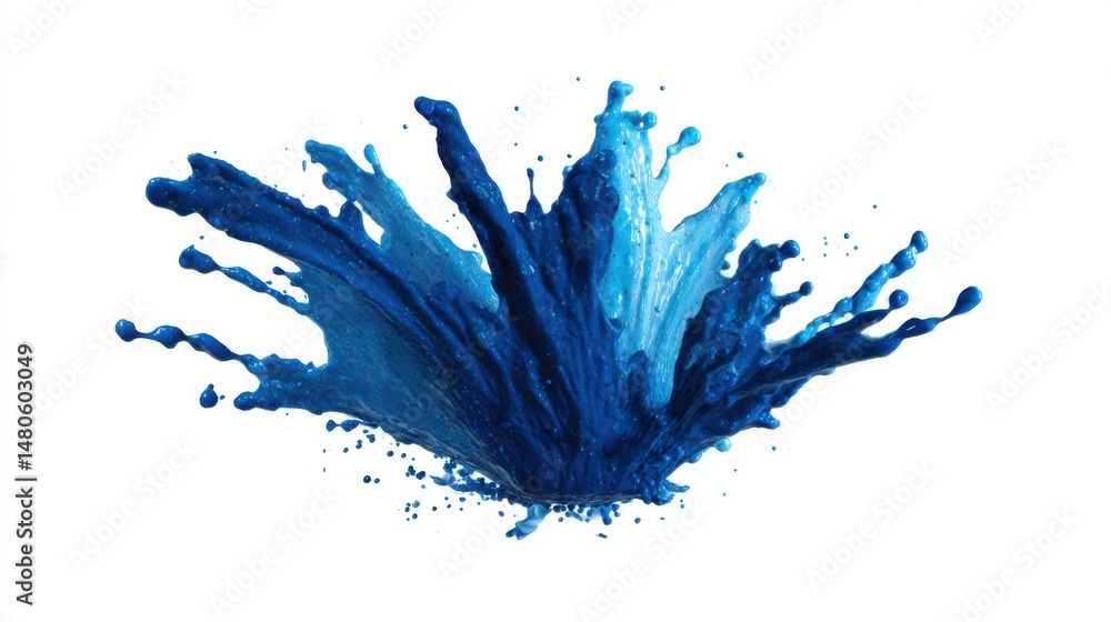 Poster studio shot of vibrant blue paint exploding outward in a dynamic splash on a clean white background
