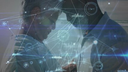 senior woman and mature man embracing on beach, showing floating network nodes and tech bar charts - Powered by Adobe