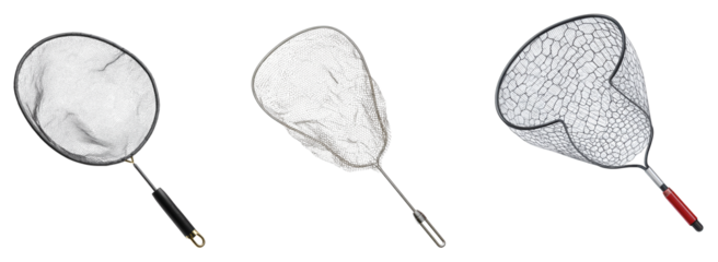 Three Different Types of Transparent Fishing Nets with Mesh Design and Handles for Outdoor Activities