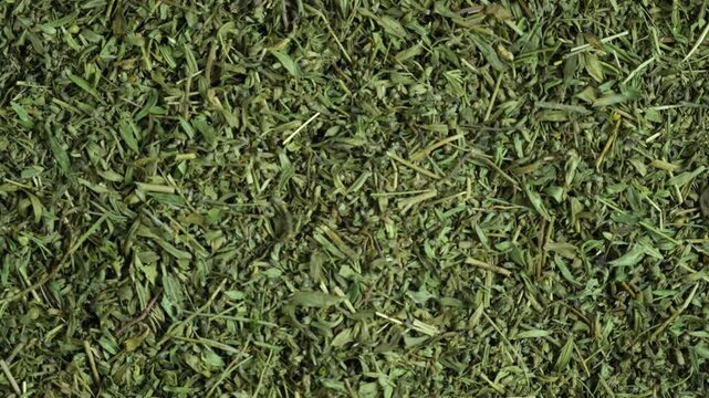 Dried Thyme leaves, close-up, top view. Herbal green medicinal tea. Thymes uses in alternative medicine and cooking. Natural aromatic food additive.