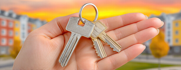 A hand holds keys in front of a blurred cityscape, representing new ownership