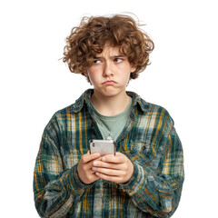 Concerned child holding smartphone with worried expression Isolated on a Transparent Background
