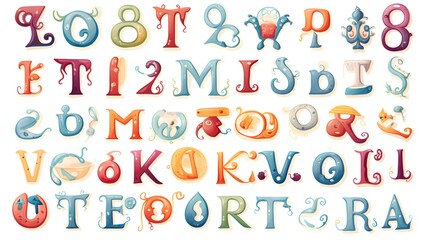 Fototapeta premium Colorful Collection of Cartoon Alphabets and Numbers for Educational Use