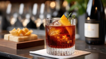 Rich amber cocktail garnished with lemon rind captures sophistication atop a wooden counter, inviting relaxation in a classy setting.