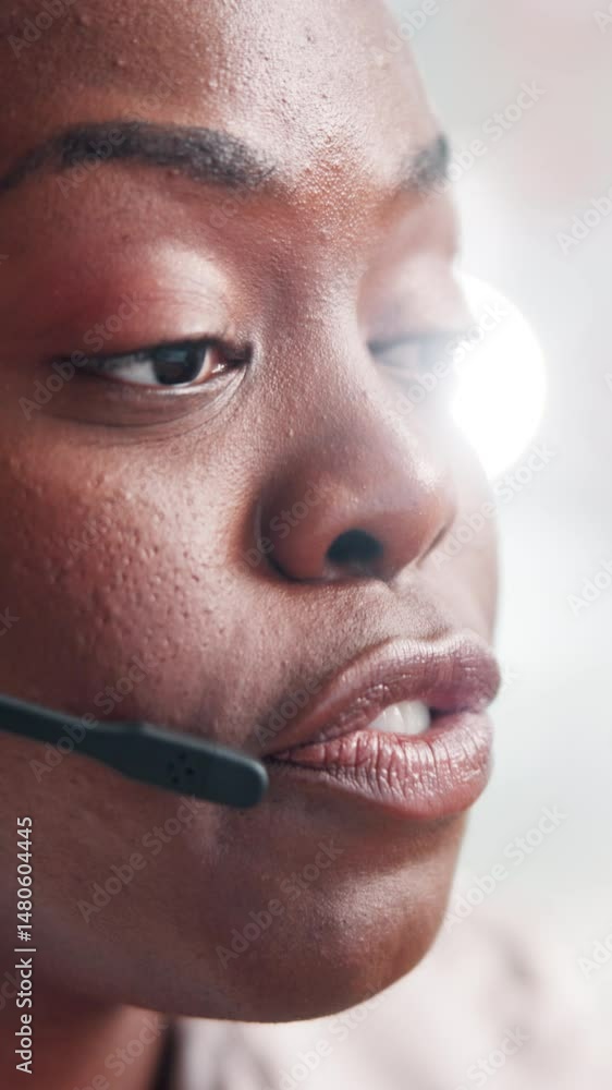 Aufkleber advice, consulting and contact us with black woman in call center for conversation or support. custo