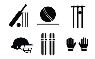 Cricket Ball Bat Helmet Stamp Silhouette Vector Set