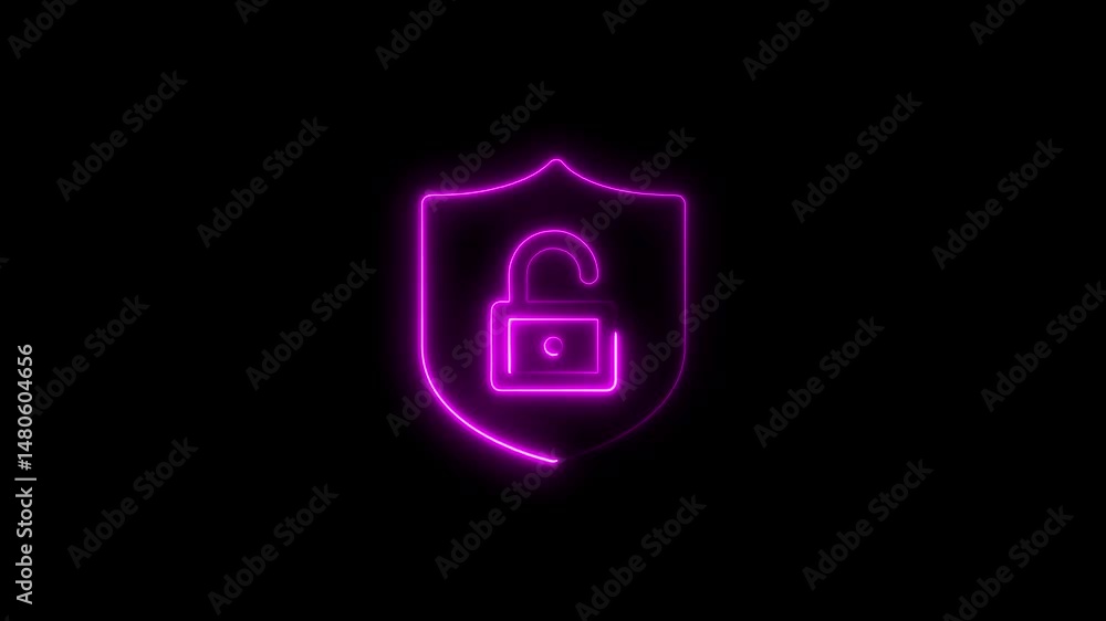Poster glowing neon animated open lock inside a protective shield on a black background