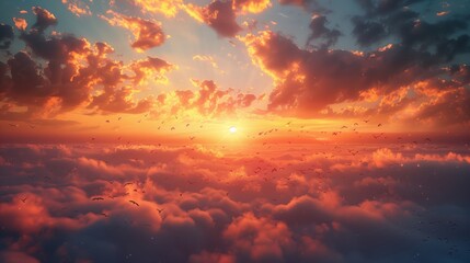 Fototapeta premium Amber afterglow as the sun sets over the cumulus clouds in the sky