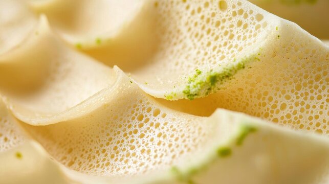 Close-up of a group of wavy, yellow-colored objects. the objects appear to be made of a smooth, textured material with small holes scattered throughout.