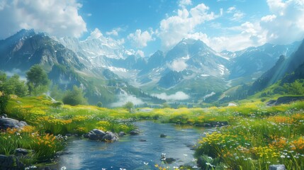Obraz premium A river flowing through a verdant field with mountains in the backdrop