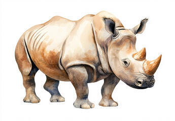 Obraz premium A beautifully painted watercolor illustration of a rhinoceros standing on a pure white background, isolated.