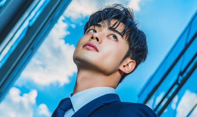 Young asian businessman looks up at the sky among the skyscrapers and has ambitions for his future job.