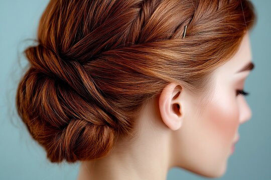 macro of bobby pins securing updo hairstyle, metallic detail against hair strands 